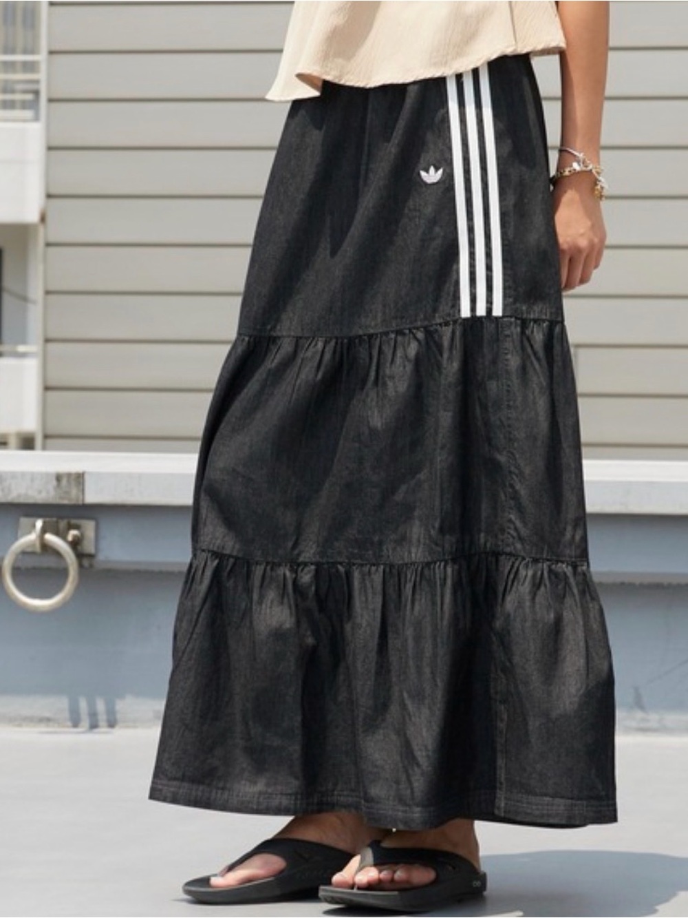 adidas Black Tiered Maxi Skirt with White 3-Stripe Detail